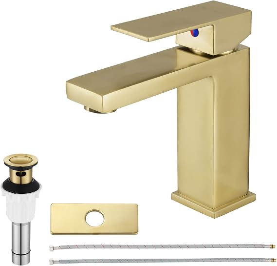 Brass Bathroom Sink Faucet Single Handle Lavatory Vanity Mixer Tap 1 Hole with Deck Plate, Metal Pop-up Drain Assembly & Water Supply Lines (Brushed Gold)