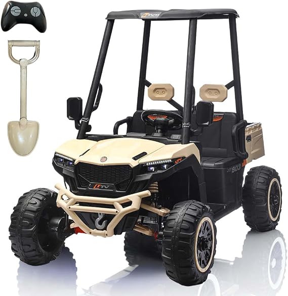 24V Kids Golf Cart, 4WD 2 Seater Ride on Car w/Sun Shade, Storage Trunk & Remote Control, Electric Vehicle w/LED Lights, Realistic Sounds & Wireless Connection, Gift for Boys Girls 3+ (Cream Color)
