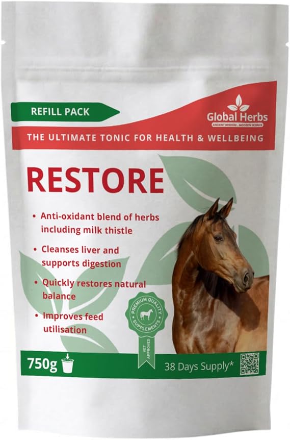 Global Herbs Restore Powder for Horses 750g Refill Pouch Liver, Digestion & Condition Support Herbal Supplement