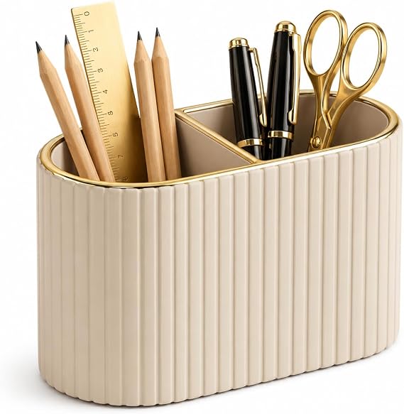 PU Leather Desk Organizer Pen Holder Dual-Compartment Stylish Pencil Cup Remote Control Holder Desktop Supplies and Accessories Organizer Caddy for Office Home School (Mocha Beige)