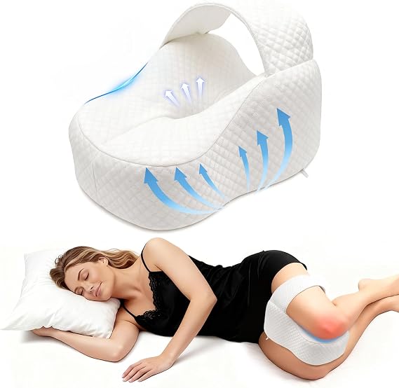 Memory Foam Knee Pillow for Side Sleepers, Orthopaedic Knee Pillow with Adjustable Strap, Leg Pillow for Side Sleepers, Gifts for Bedridden People, Removable, Washable Cover, White