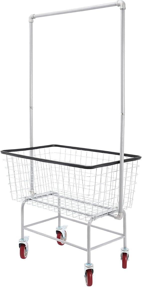 Wire Laundry Cart With Hanging Rack, 2.5 Bushel Wire Laundry Basket with Wheels, Rolling Laundry Hamper with Storage Basket, 28''x22''x67'' Heavy Duty Wire Laundry Basket Cart, 5" Casters