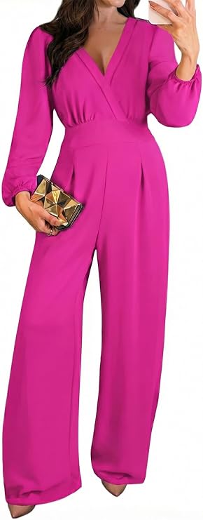 Pink Queen Dressy Jumpsuits For Women Long Sleeve V Neck Wide-Leg Romper