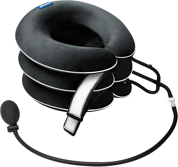 Cervical Neck Traction Device for Neck Pain Relief - Inflatable Neck Stretcher Collar for Decompression - Best Home Use Neck Brace Pump (Black Plush)