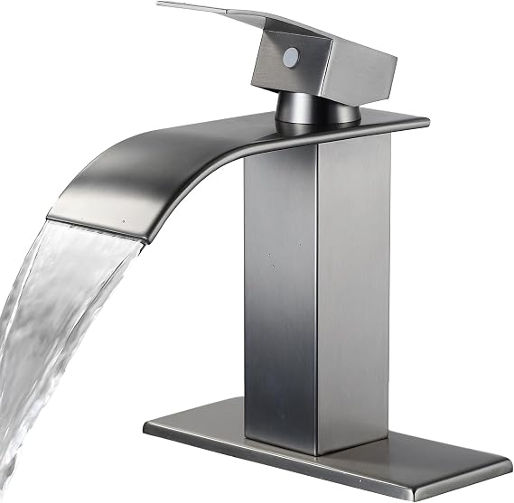 Bathroom Faucet Brushed Nickel Modern Waterfall Bathroom Sink Faucet with Single Handle Suitable for 1 or 3 Holes,Supply Deck Plate and Hose (A-Grey)