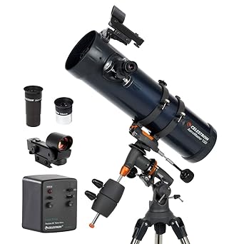 Celestron AstroMaster 130EQMD Newtonian Reflector Telescope for Beginners Aluminized Mirror Motor Drive to Track Stars Adjustable Tripod Includes Eyepieces Plus Astronomy Software Package
