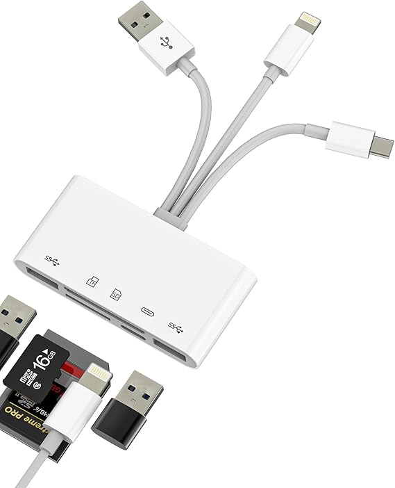 USB C Lightning USB Adapter 5in1 SD Micro SD Card Reader USB 3.0 Charger Ports for iPhone16 15 Memory Stick Converter Compatible for Samsung Galaxy for iPad Pro MacBook Camera Storage Hub Accessories