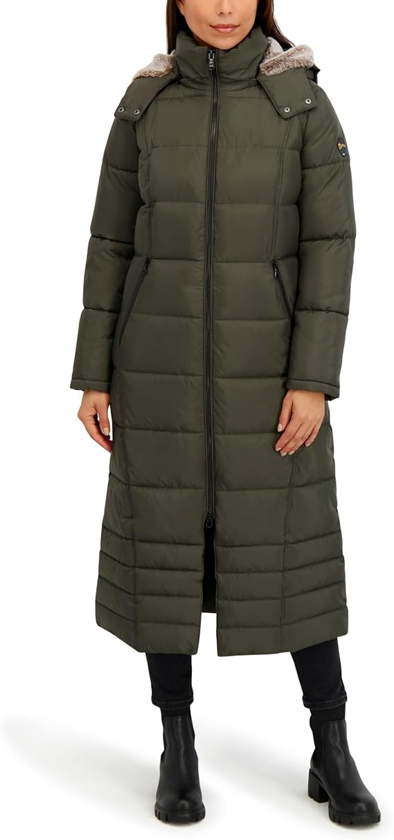 HFX Women's Maxi Puffer Coat Mid-weight Long Coat, Water-resistant Winter Jacket, Faux Fur Lined Hood