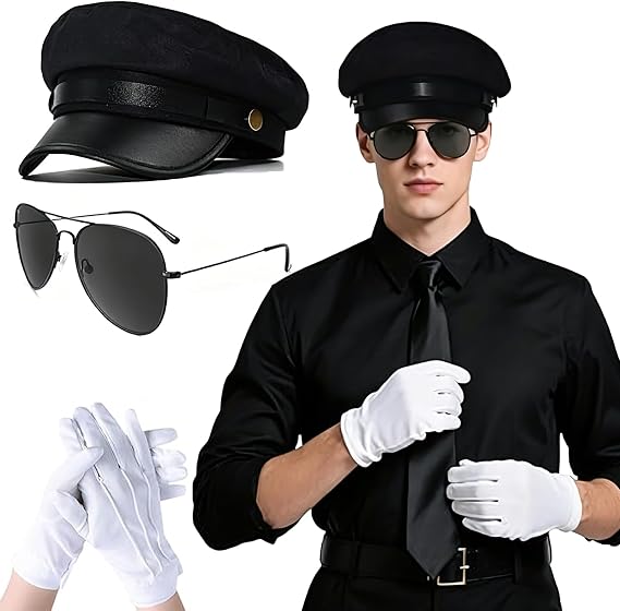 Chauffeur Hat, Train Driver Hat, Taxi Driver Accessories, Bus Driver Gloves, 1920s-1980s Themed Parties, Cosplay Costume Set with Three White Gloves and Grey Lens Sunglasses