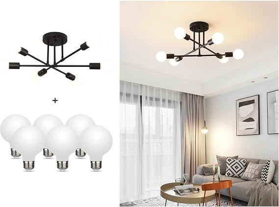 Modern Sputnik Chandelier, 6-Light Ceiling Light, 6 LED Light Bulbs Inlcuded for Bedroom,Dining Room,Kitchen,Office (Black)