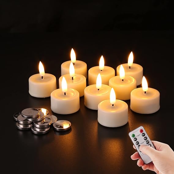 Ivory Flameless Wax Tealights with Remote Batteries, Realistic Flickering LED Tea Votive Candles Set of 10