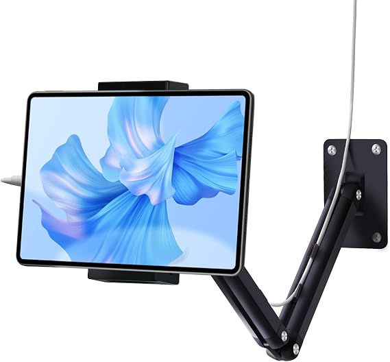 Tablet Wall Mount for iPad, Aluminum Alloy Adjustable Long Arm Tablet Stand Holder Suitable for 4.7-13" and Under 3 Pounds iPad mini/Air/Pro, Galaxy Tab, Kindle, Nintendo Switch, Phones (Black)