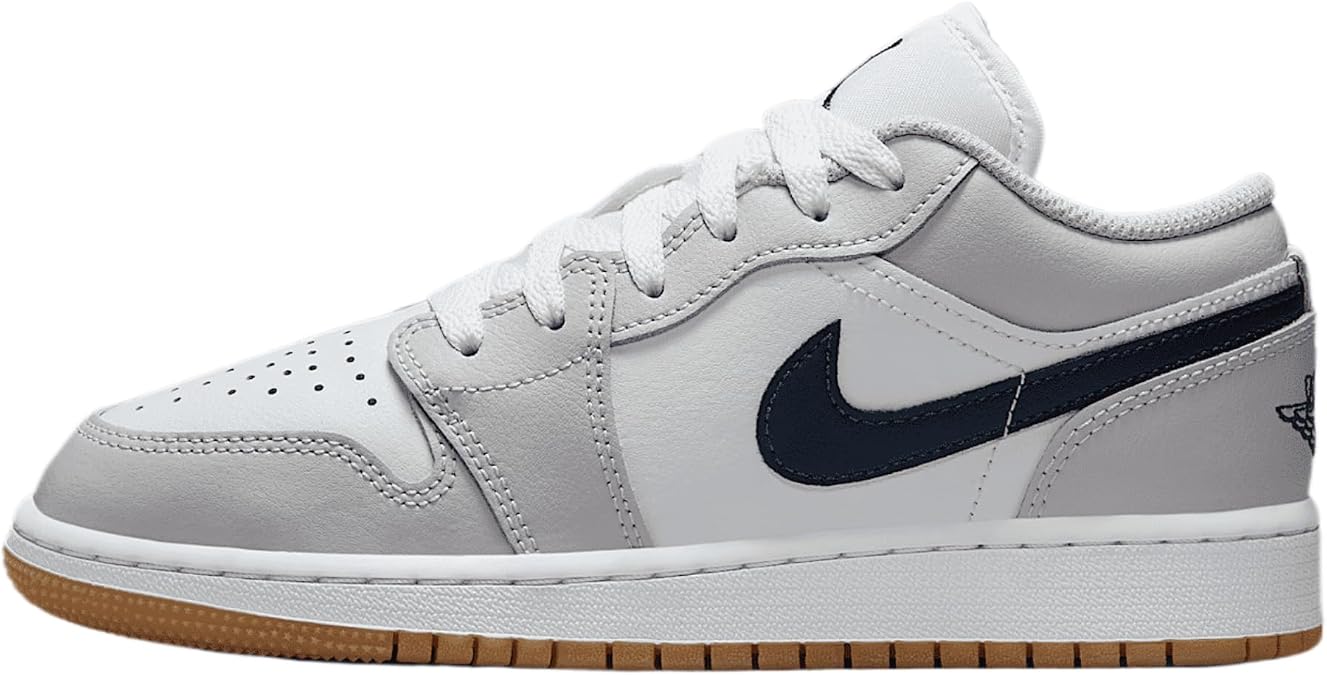 Air Jordan 1 Low Big Kids' Shoes (553560-146, White/Neutral Grey/Gum Medium Brown/Midnight Navy) Size 6
