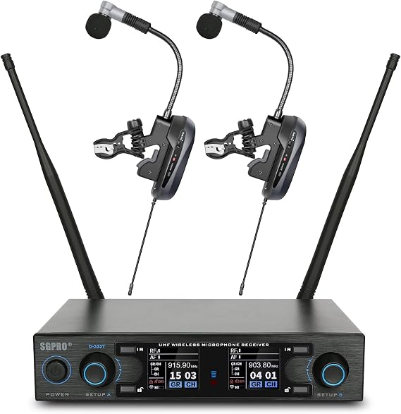 SGPRO D-333T Dual Wireless Gooseneck Saxophone Microphone Set | Dual clip-on condenser set, Preset EQ and echo, 262 ft range, Rechargeable, 4.5 hr runtime, Sax and brass, Live and recording
