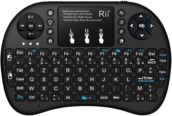 Rii Mini i8 Wireless Ergonomic Backlit French (Azerty) + Wireless Mini Keyboard with Touchpad for Smart TV, HTPC, Mini PC, MP3 Player, Computer (Black)