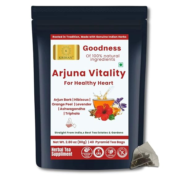 KRIHAN Organic Arjuna Herbal Tea 40 Tea Bags (80g) | Terminalia Arjuna for Heart Health, Blood Pressure & Cardiovascular Support | Caffeine-Free, Non-GMO, Plant-Based Arjun ki Chaal Tea