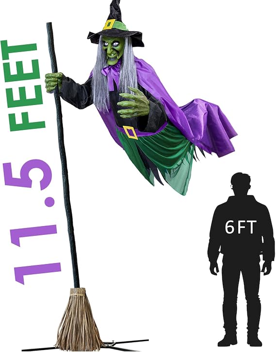 Halloween Decorations Outdoor - 11.5 Ft Animated Hovering Witch Animatronics - Sound & Touch Activated Sensor - Scary Decor Props for Home Outside Garden Yard Lawn Party Decoration