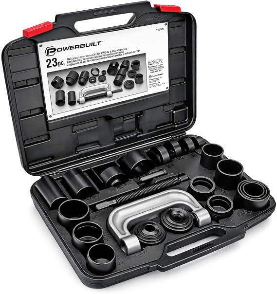 Powerbuilt Ball and U Joint Service Set, 23 Piece Tool Kit, Remove and Install Ball Joints, Receiving Tube, Adapters, Sockets - 648617