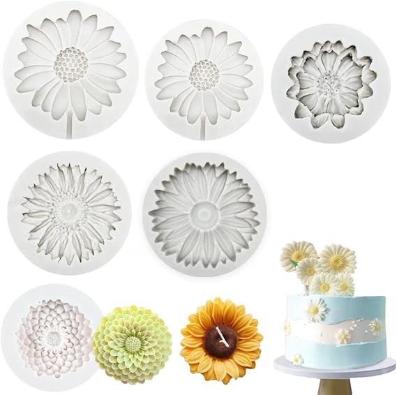 6 PCS 3D Chrysanthemum Flower Silicone Mold, Flower Fondant Cake Baking Molds, Chocolate Candy Mold for Party Baby Shower Cake Decoratin Clay,Soap Crafting Projects 6pcs