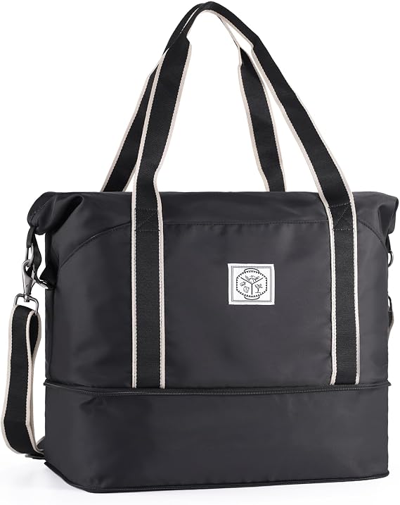WALNEW Travel Duffel Bag, Weekender Overnight Carry On Bag for Women Men, Foldable Waterproof Gym Luggage with Metal Buckle Detachable Shoulder Strap and Wet Compartment (Black) | Overnight Carry On Bag, Foldable Waterproof Gym Luggage with Metal Buckle Detachable Shoulder Strap and Wet Compartment