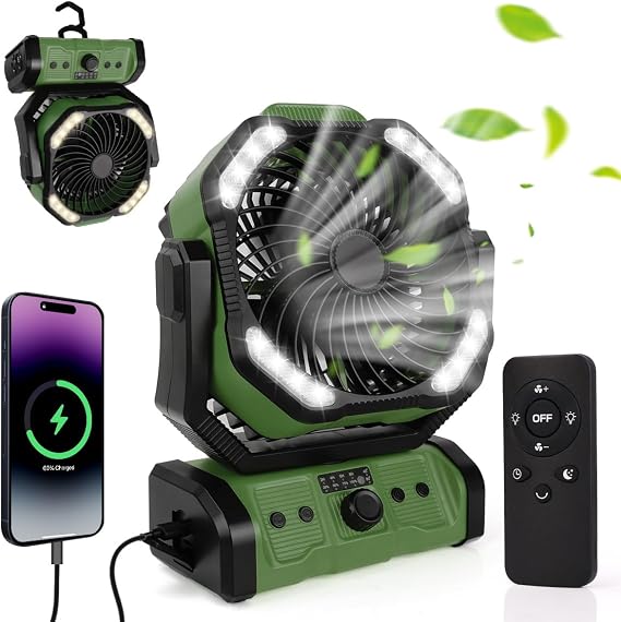ELZO 20000mAh Camping Fan with LED Light, Portable Rechargeable Desk Tent USB Fan with Remote & Hook, 270Head Rotation, Stepless Speed, with Sleep Mode for Home Outdoor Office Travel Fishing