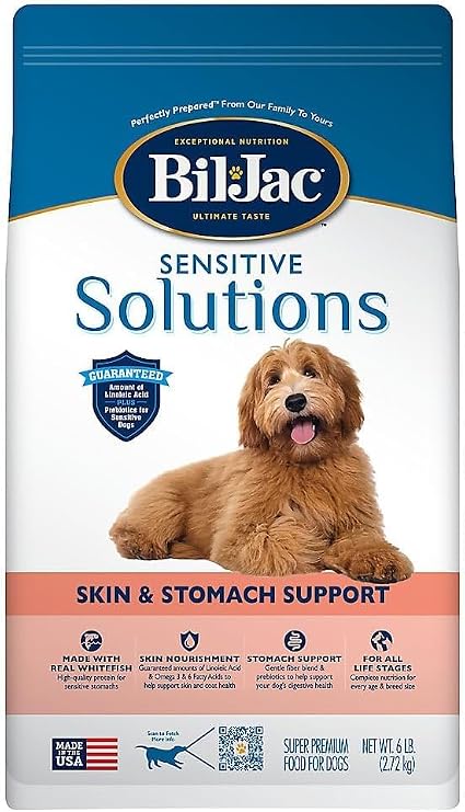 Bil-Jac Sentivie Solutions Skin & Stomach Formula Dry Dog Food, All Life Stages, All Breeds, Made with Whitefish and Chicken, 6lb (2-Pack)