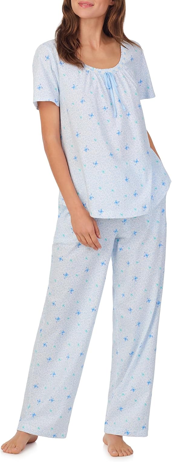 Carole Hochman Pajama Sets for Women 2 Piece Cotton Knit Lightweight Short Sleeve Long PJ Pant Lounge Set