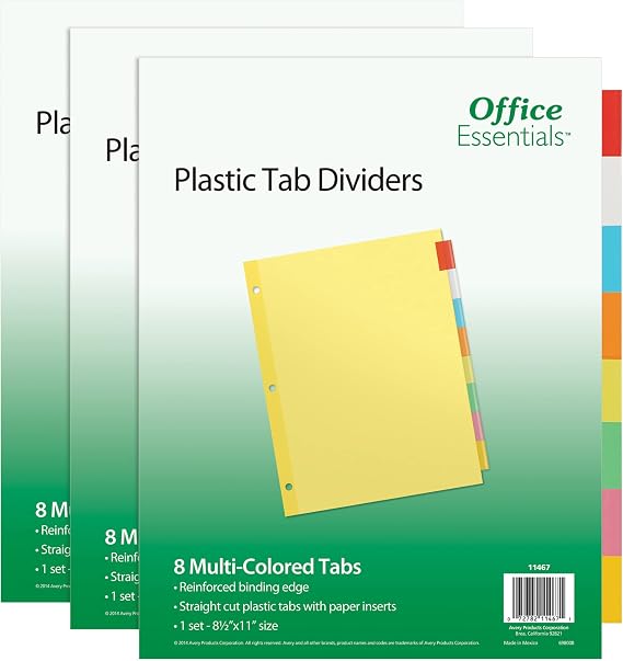 Office Essentials Insertable Dividers, 8-Tab, Multicolor, 3 Sets | For Organizing School and Project Binders, Handwrite-On Clear Tabs, Buff Paper Dividers, Reinforced Edge, 3-Hole Punched