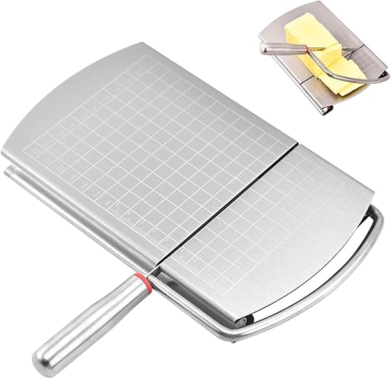 Stainless Steel Cheese Slicer - Cheese Cutter Board with Blade for Block Cheese, Handheld Cheese Cutters with Cut Grid Lines for Block Cheese Butter, Vegetables, Friut, 8.66x4.92in