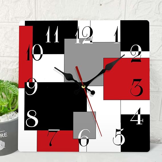 Wooden Wall Clock, 12 Inch, Silent, Non-Ticking, Grey Red Black Abstract Geometric Minimalist Checkered Square Rustic Wall Clock, Battery Operated | Geometric Checkered Rustic Battery Operated Clock Home Decor for Living Room, Kitchen, Bedroom, and Office