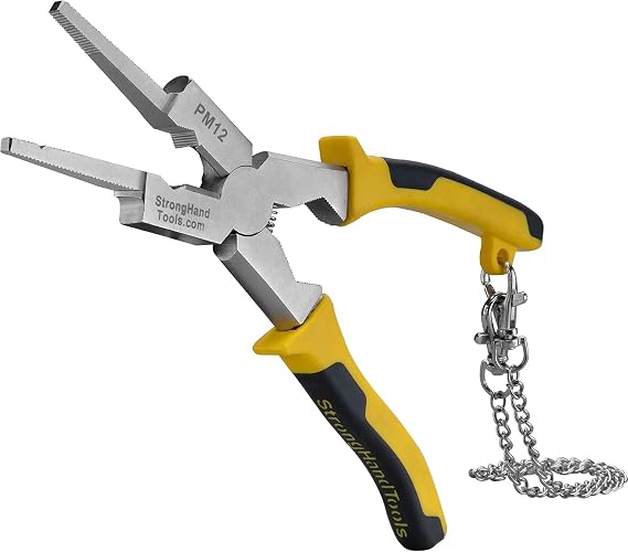 Strong Hand Tools PM12 Deluxe MIG Welding Plier, 8", Rounded & Flat Face Hammer, Fine & Coarse File, Side Pull V-Notch, Retention Chain, Ergonomic Grip