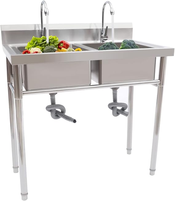 Commercial 304 Stainless Steel Sink,2 Compartment Free Standing Utility Sink Bowl Basin with Faucet for Garage, Restaurant, Kitchen, Laundry Room, 35.8" W x 21.3" D x 40" H (L Size)