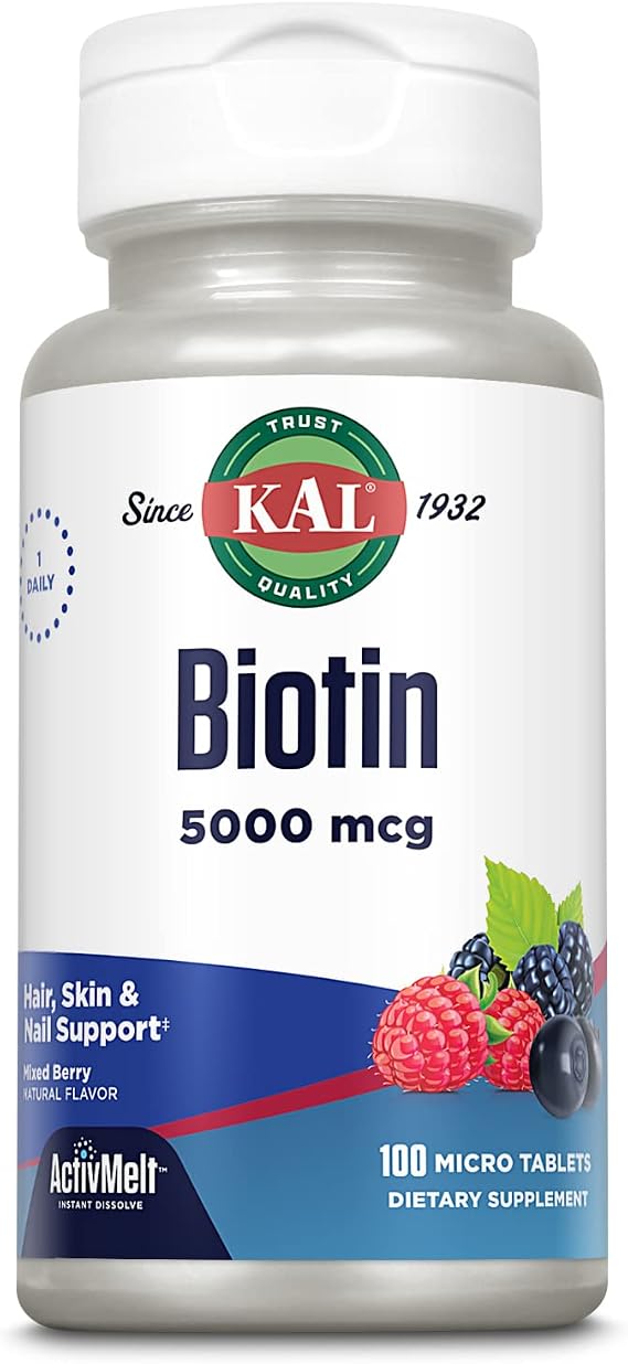 Kal 5000 Mcg Biotin Tablets, Mixed Berry, 100 Count | Biotin Hair Supplement for Women and Men - Potent Vitamin B7, Cellular Energy Support