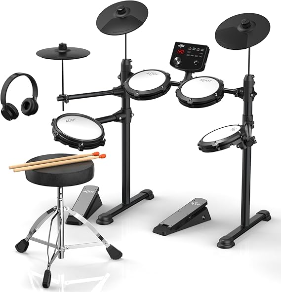 AiJoy Electric Drum Set for Beginners - 4 Quiet Mesh Pads, Dual Zone Snare, 15 Drum Kits & 200+ Sounds, 9.5" Cymbals, Includes Throne, Sticks & Headphones, Perfect Kit for Practice & Gifts (ADD50)