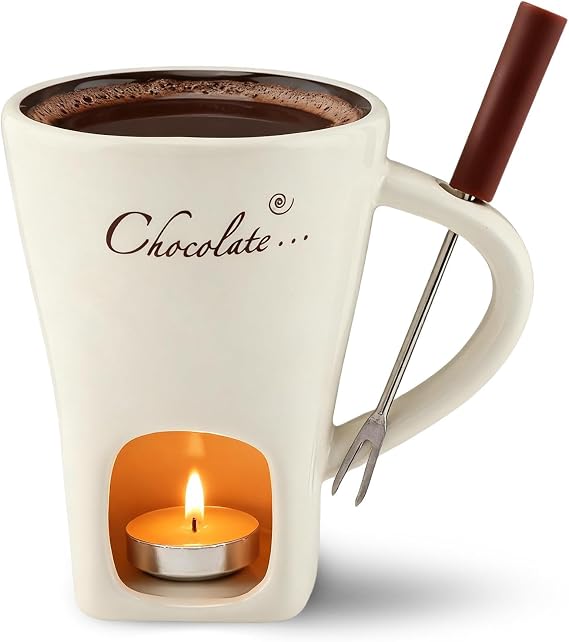 Chocolate Melting Cup Set, Fondue Mug Mini Ceramic Multifunction Pot Hot with Fork Candle for Melted Chocolate Cheese Butter fits Home Party Birthday Date Night Wedding Gifts(COLOR:White)