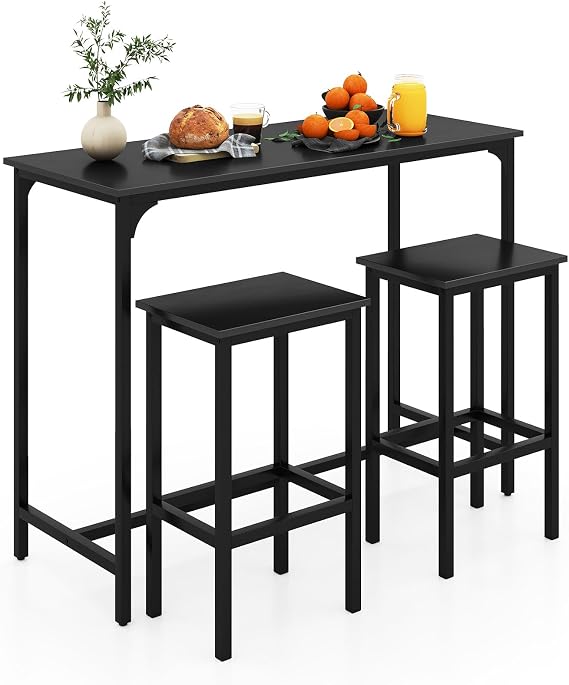 COSTWAY Bar Table Set with 2 Stools, 3 Pieces Breakfast Bar Set with Footrest, Counter Height Dining Table and Chairs for Home Kitchen Pub Cafe (Black)