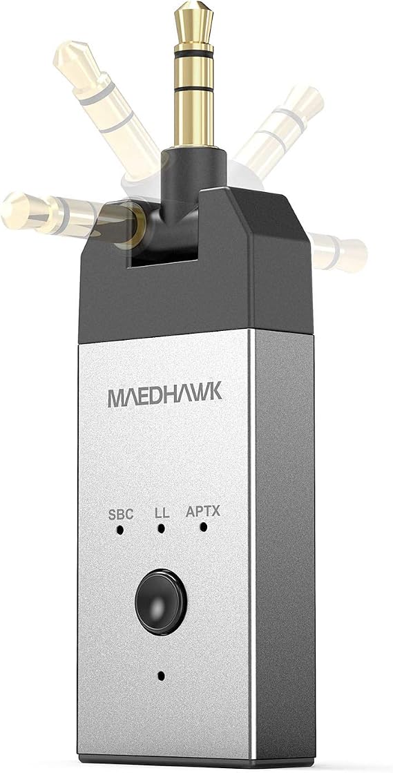 MaedHawk Bluetooth Transmitter 3.5mm, Wireless Bluetooth Aux Adapter with 180 Rotatable Audio Jack for TV PC Switch PSP PS5 Xbox Pair with BT Headphones Speakers (aptX Low Latency, Dual Link)