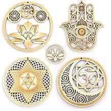 5.31" Sacred Geometry Wall Art 4 PCS Set, (Sacred Lotus, Hamsa Hand, Soul Star, Union Sun Moon) Crystal Grid Meditation Chakra Wooden Wall Art Yoga Decor Spiritual Gifts