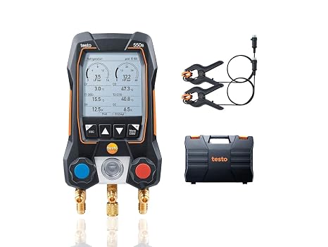 testo 550s AC Manifold Gauge Set Manifold Gauges HVAC Incl. 2 Wired Temperature Clamp Probes Recharge Kit with Superheat, Subcooling For AC, Refrigeration & Heat Pumps Bluetooth