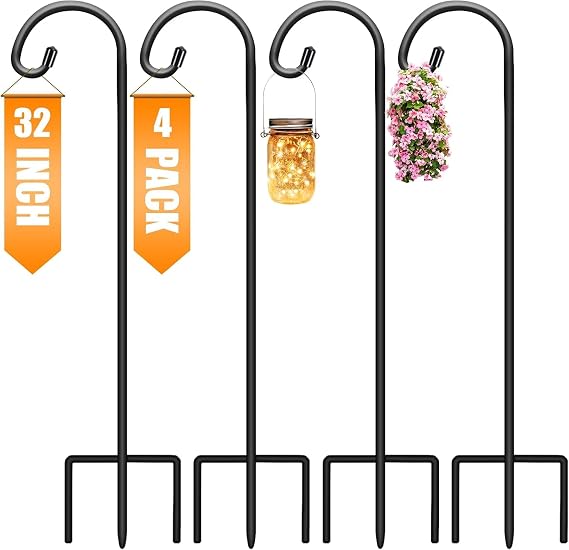 Gtongoko 32 Inch Shepherd Hooks for Outdoor 4 Pack, Adjustable Garden Hooks for Hanging Plants, Lanterns, Solar Lights, Mason Jars & Wedding Decor, Matte Black Decorative Shepherds Hooks