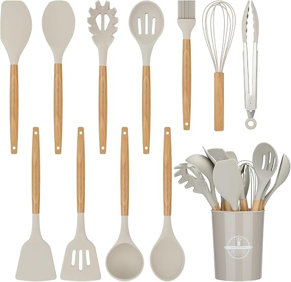 Kitchen Utensil Set, 12 PCS Silicone Cooking Utensils Set with Wooden Handle, Heat Resistant, Nonstick Cookware Tongs Spatula Spoon Set, Dishwasher Safe, Best Kitchen Tools (Khaki)