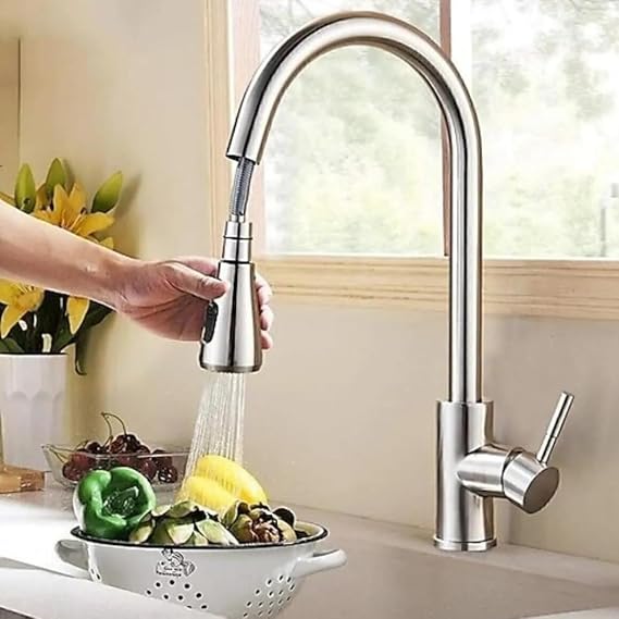 Fleko Hot and Cold Water Inlet Spiral Head Kitchen Sink Faucet (Inox(Silver))