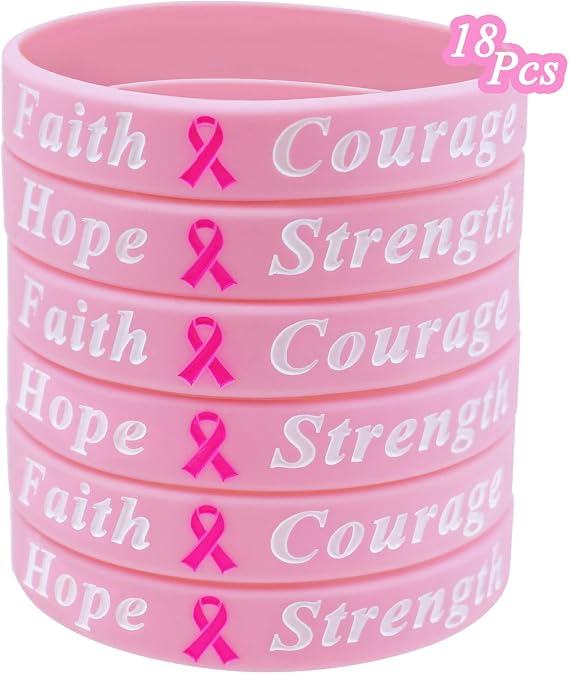 18 Pcs Breast Cancer Awareness Bracelets Bulk Items Accessories Hope Faith Strength Courage Silicone Wristbands for Women Pink Ribbon Breast Cancer Awareness Month Favors Fundraiser Survivors Gifts