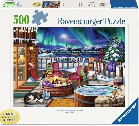 Ravensburger - Northern Lights - 500 Piece Large Format Jigsaw Puzzle - Stunning, Bold, Vivid Image of The Phenomenon - Warm Fireside Cabin - Premium Quality - Puzzles for Adults