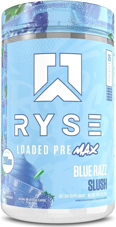 Ryse Loaded Pre Max Pre Workout Powder - Blue Razz Slush - 300mg Dual-Phase Caffeine for Sustained Energy for Men & Women - L-Citrulline, PeptiPump & Alpha-GPC for Power, Pumps & Focus - 25 Servings