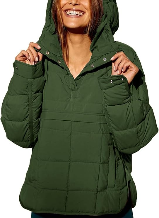 Womens Puffer Jacket Oversized Winter Quilted Jacket Lightweight Button Down Hooded Pullover Overcoat Outerwear