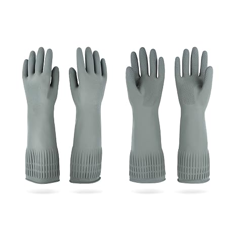 Mamison Rubber Dishwashing Gloves, Non-Slip Kitchen, Grey Medium, 2 Pairs
