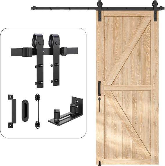 homlux HomLxclx 6.6 Foot Heavy Duty Sturdy Sliding Barn Door Hardware Kit Single Door - Smoothly and Quietly-Easy to Install - Fit 1 3/8-1 3/4" Thickness Door Panel(Black)(J Shape Hangers)