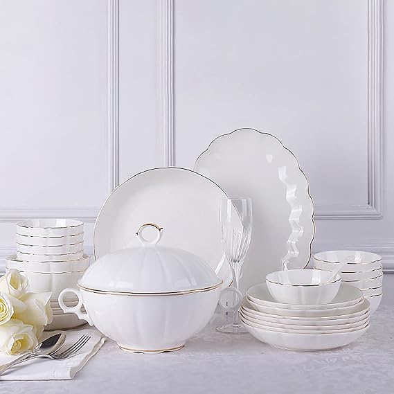 56 Pieces Dinnerware Set for 12 People, Porcelain Bone China Kitchen Dinning White Round Dinner Tableware Combination Set with Cereal Bowls Dessert Plates Dishes and Soup Pot