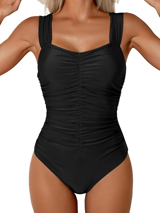 Aidonger One Piece Swimsuit for Women Tummy Control Ruched Retro Bathing Suit Modest Full Coverage Swimwear